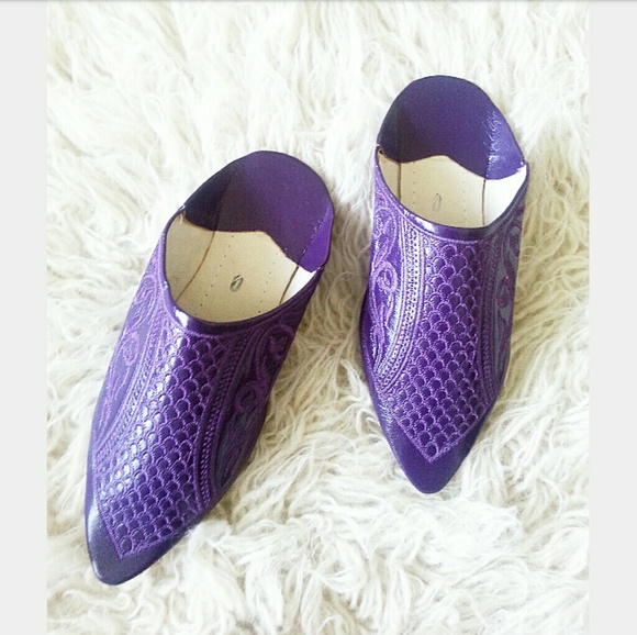 Shoes - Purple Leather Embroidered Slip On Flats Mules